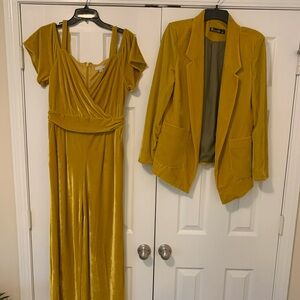 Golden Yellow Velvet Jumpsuit and Blazer Set